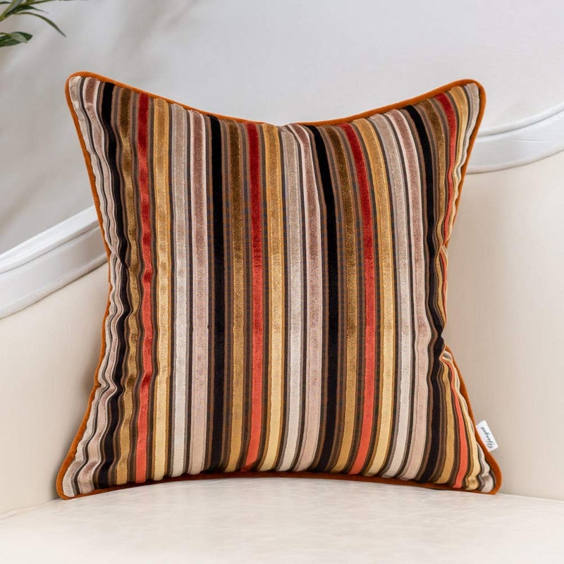 Yangest Orange Striped Throw Pillow Cover Multicolor Velvet Cushion Cover Modern Bohemian Pillowcase for Sofa Couch Bedroom Living Room Home Christmas Decoration,18x18 Inch - Image 1